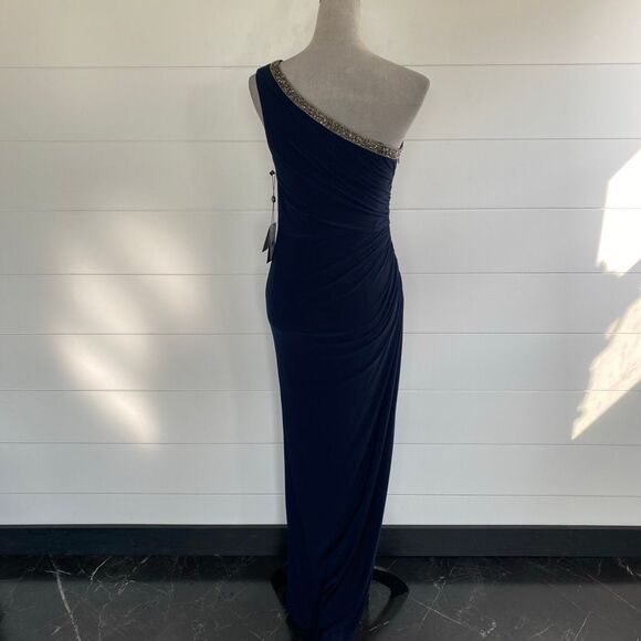 Adrianna Papell One-Shoulder Jersey Gown Navy Blue Sz 2 - Picture 6 of 13